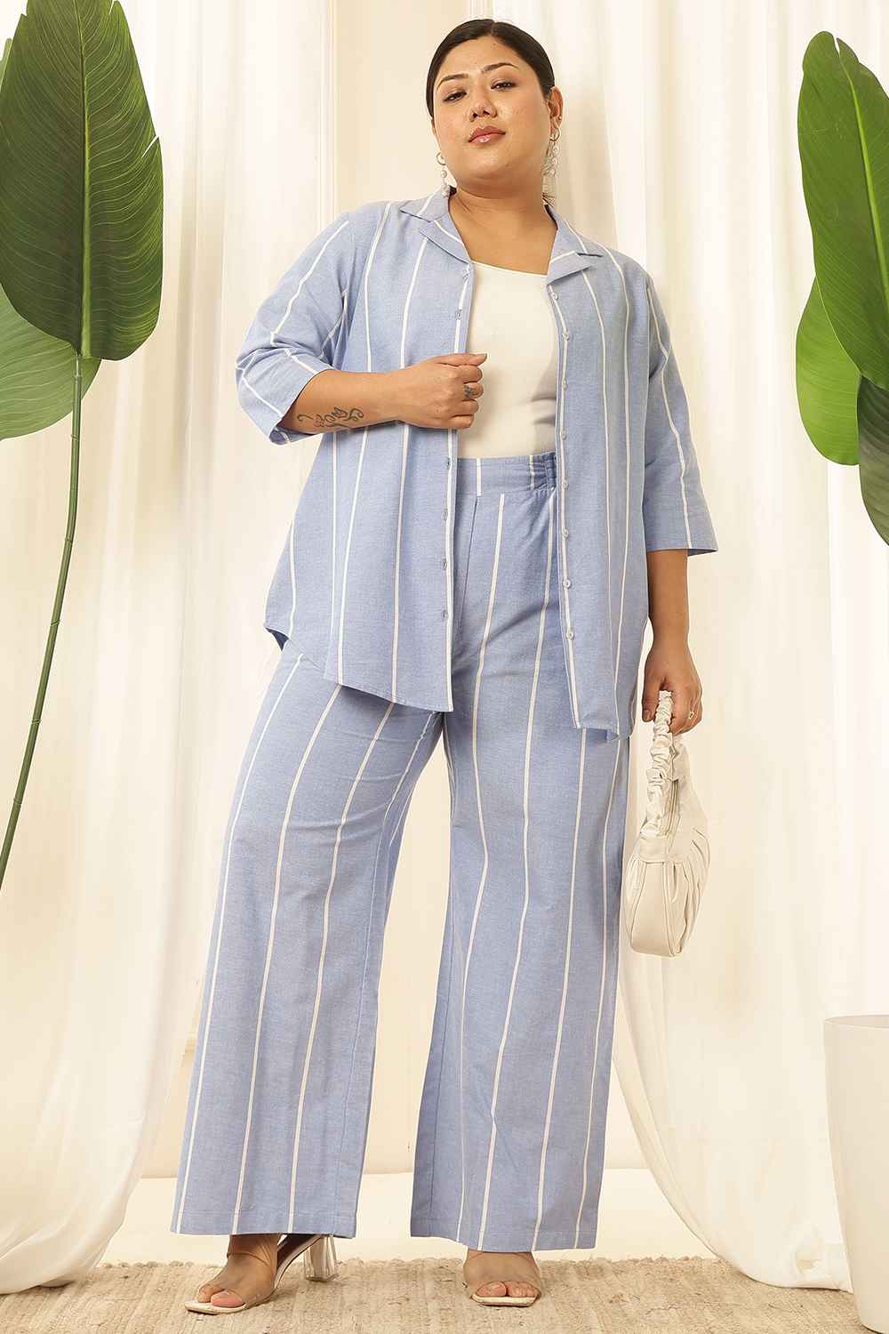 Plus Size Blue Striped Chambray Shirt Coord Set