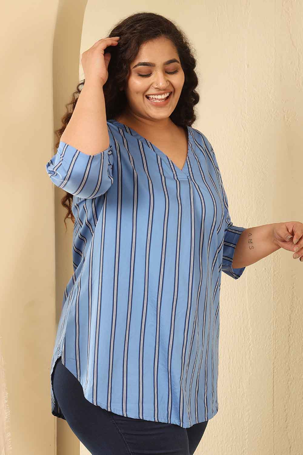 Plus Size Plus Size Sky Blue Striped Cotton V Neck Top