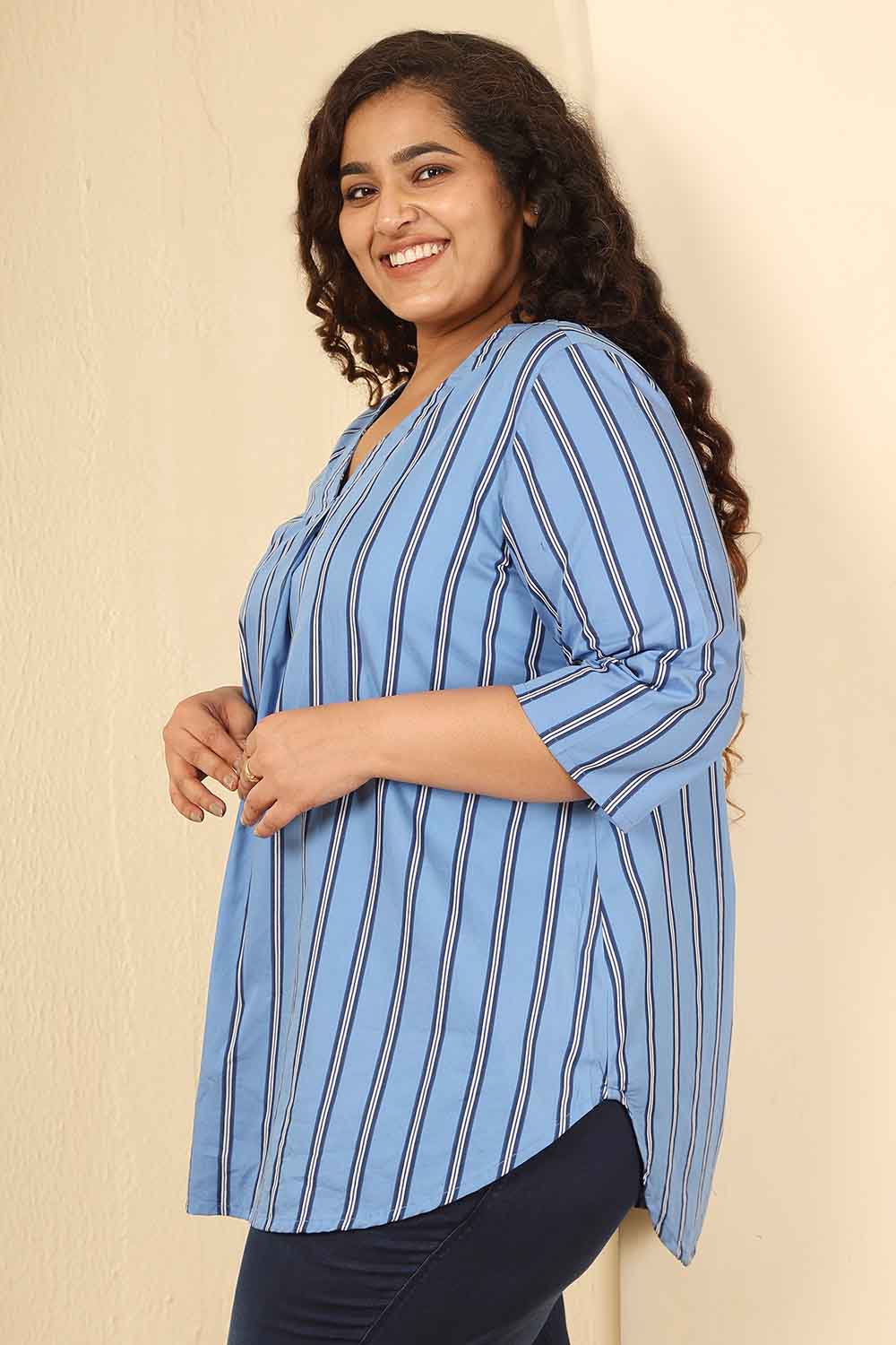 Plus Size Sky Blue Striped Cotton V Neck Top for Women
