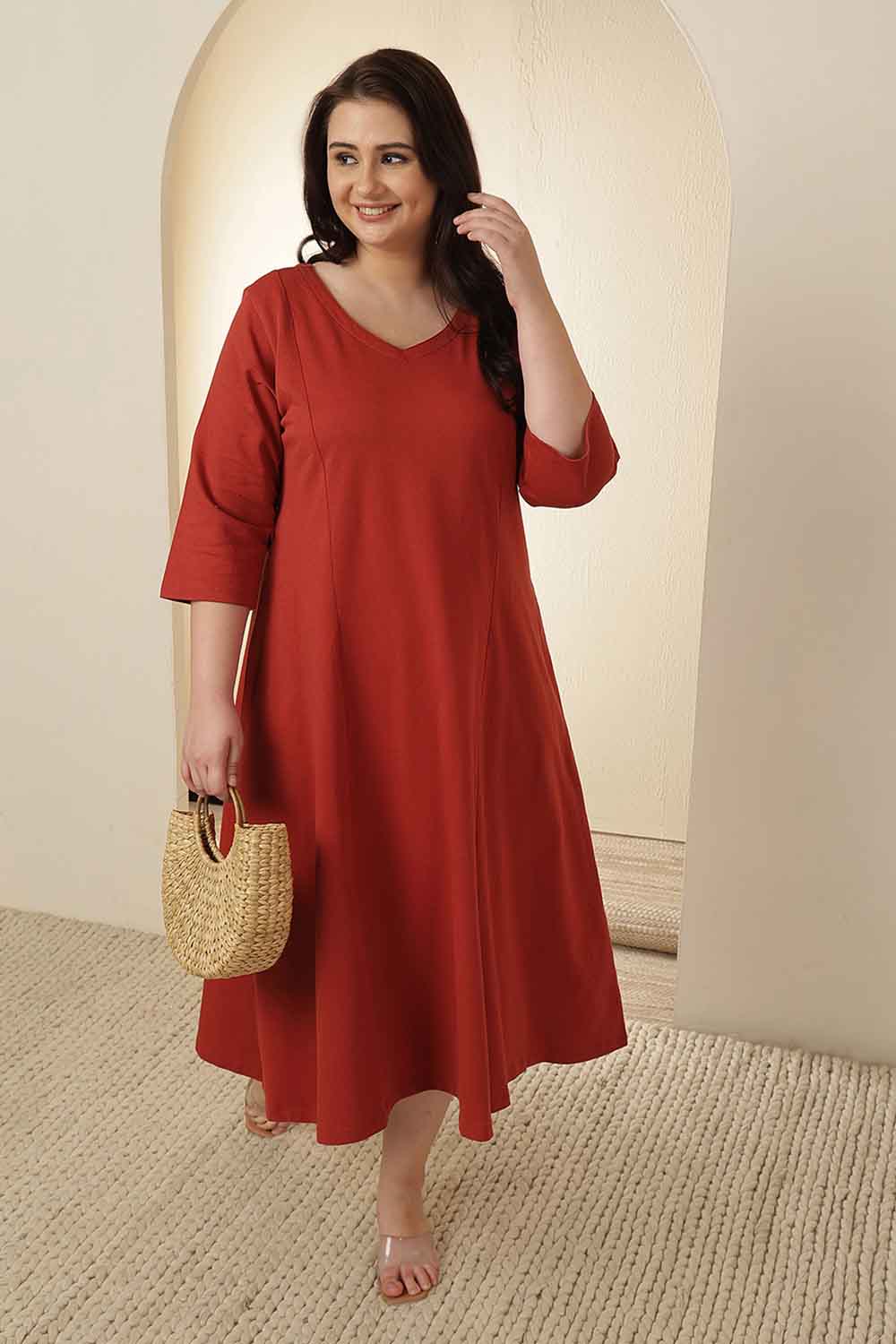 Plus Size Rust Red A-Line Cotton Dress | Amydus Plus Size Rust Red A-Line Cotton Dress | Amydus