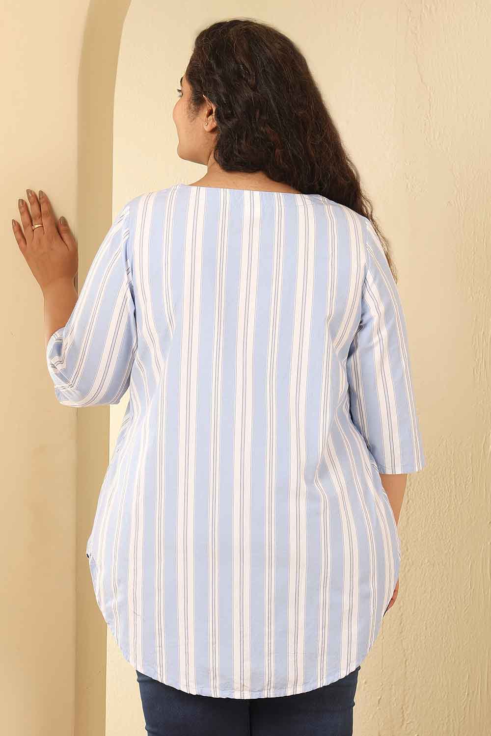 Plus Size Powder Blue Striped Cotton V Neck Top