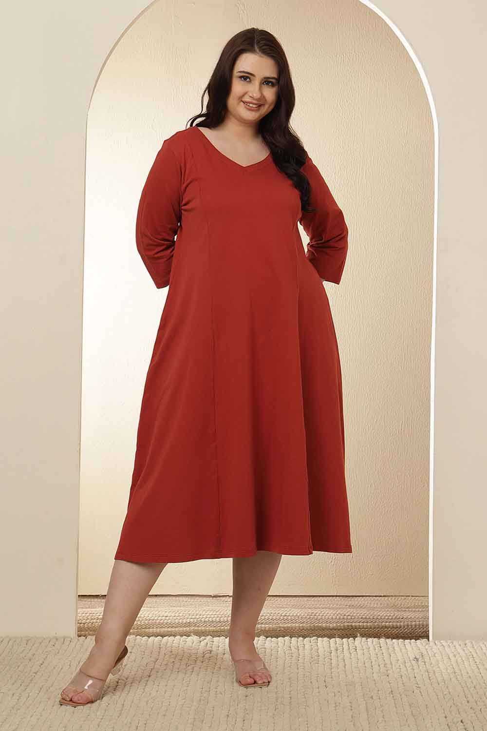 Buy Plus Size Rust Red A-Line Cotton Dress