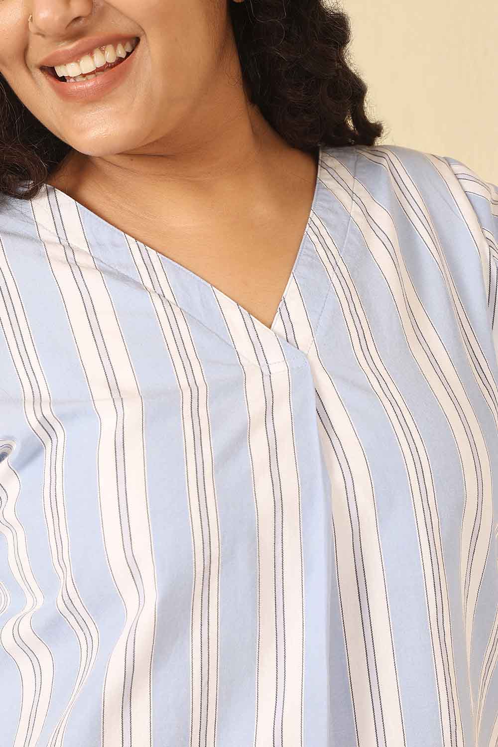 Comfortable Plus Size Powder Blue Striped Cotton V Neck Top