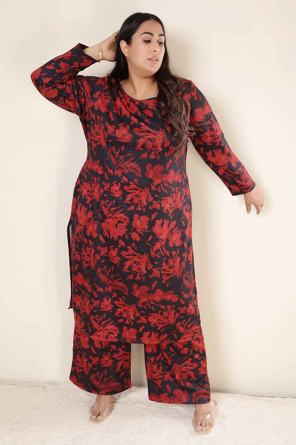 Plus Size Red Floral Kurta SnugWeave™ Winter Coord Set