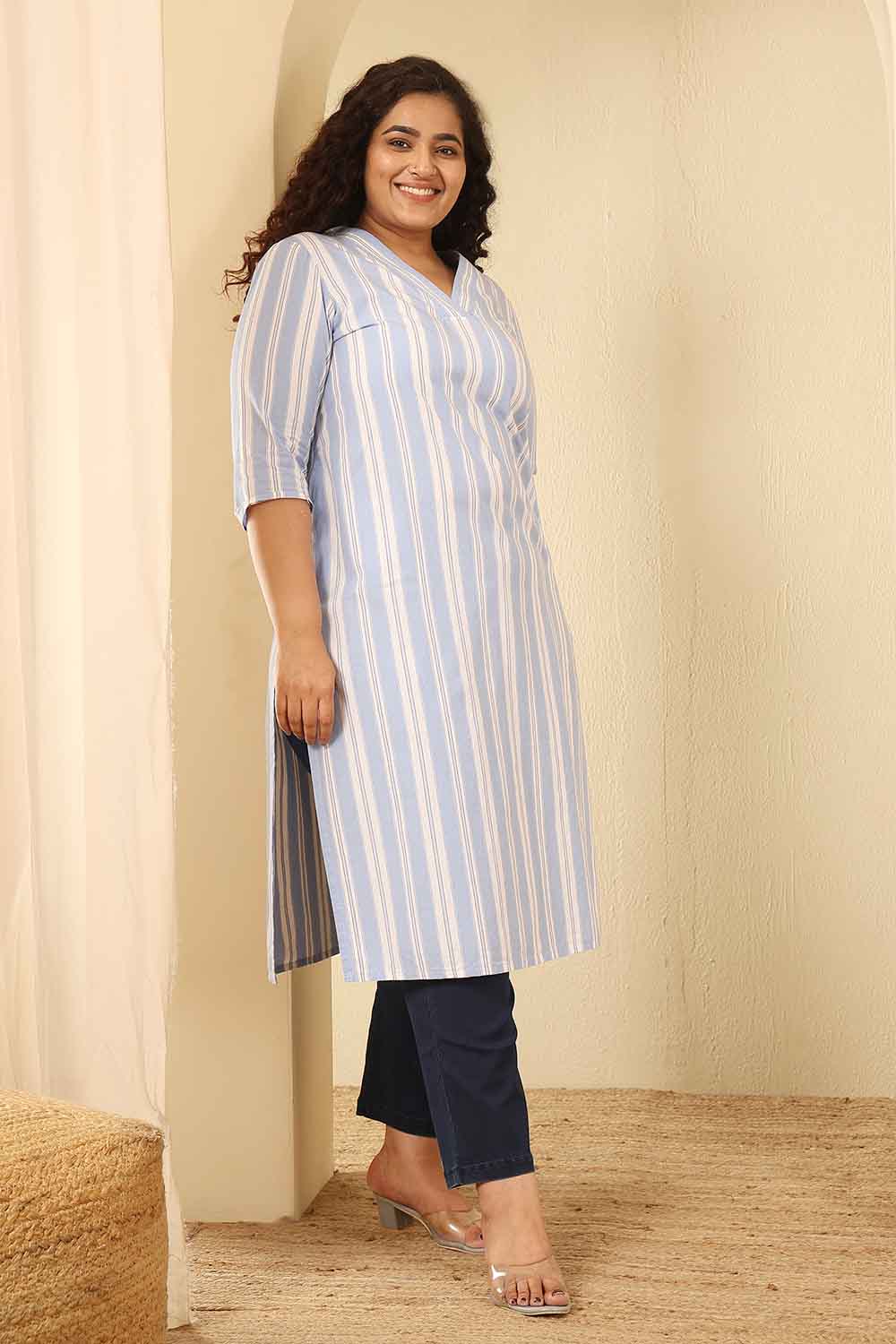 Plus Size Powder Blue Striped Cotton V Neck Kurta
