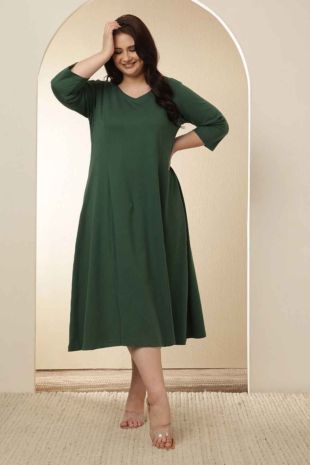 Plus Size Green  A-Line Cotton Dress