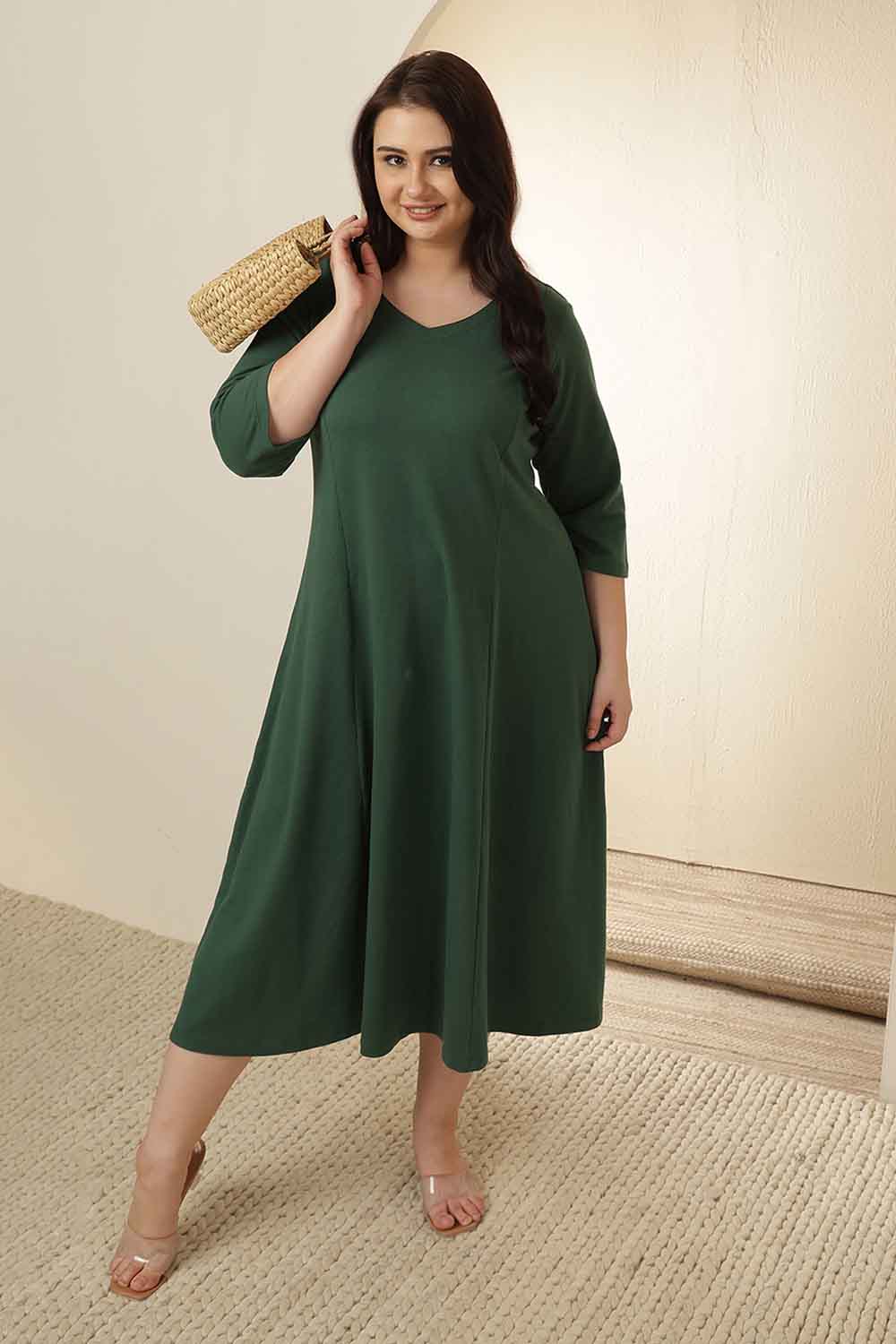 Plus Size Green  A-Line Cotton Dress