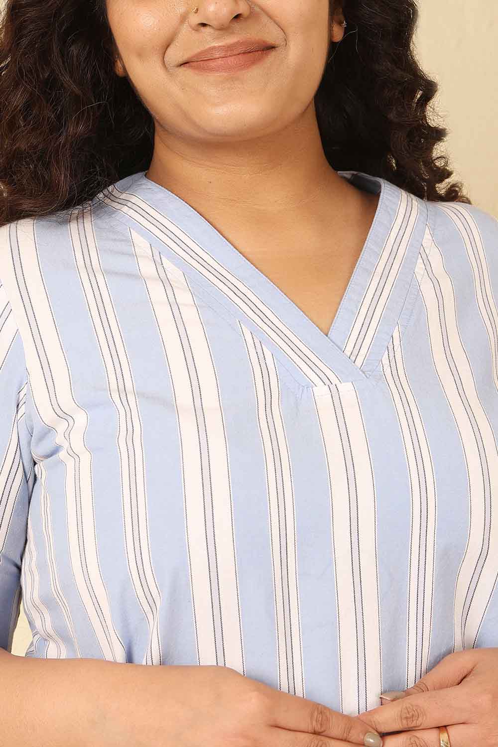 Plus Size Powder Blue Striped Cotton V Neck Kurta