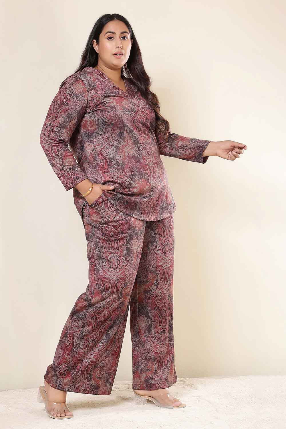 Plus Size Maroon Paisley SnugWeave™ Top Coord Set for Women