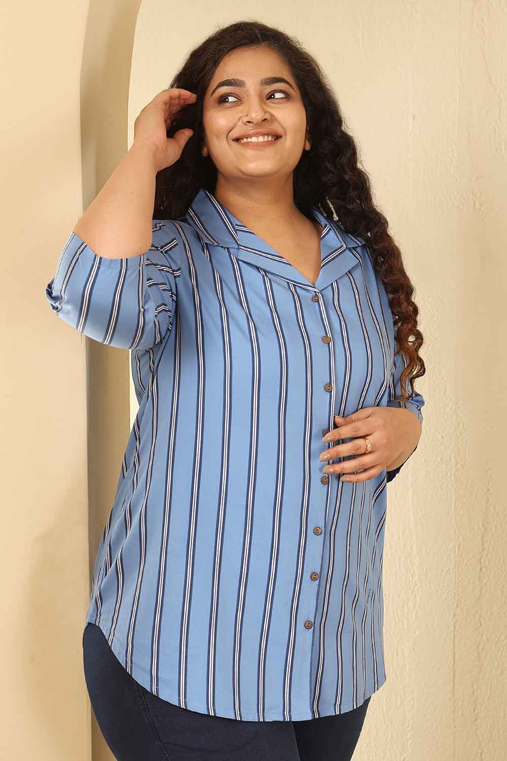 Plus Size Sky Blue Striped Cotton Cuban Collar Shirt