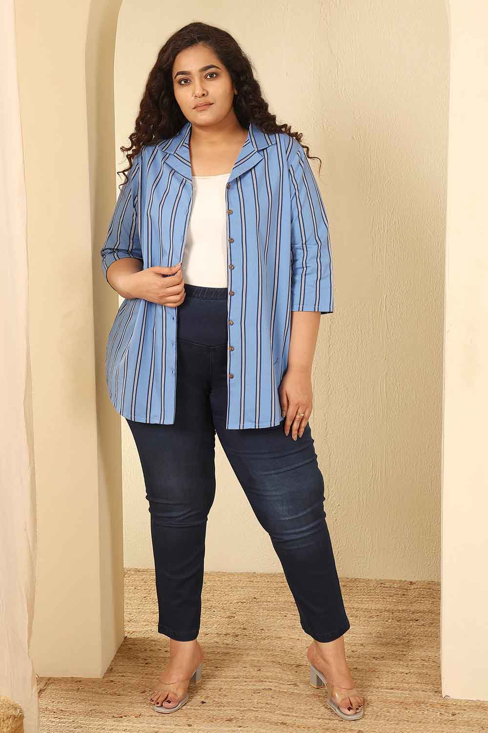 Plus Size Sky Blue Striped Cotton Cuban Collar Shirt