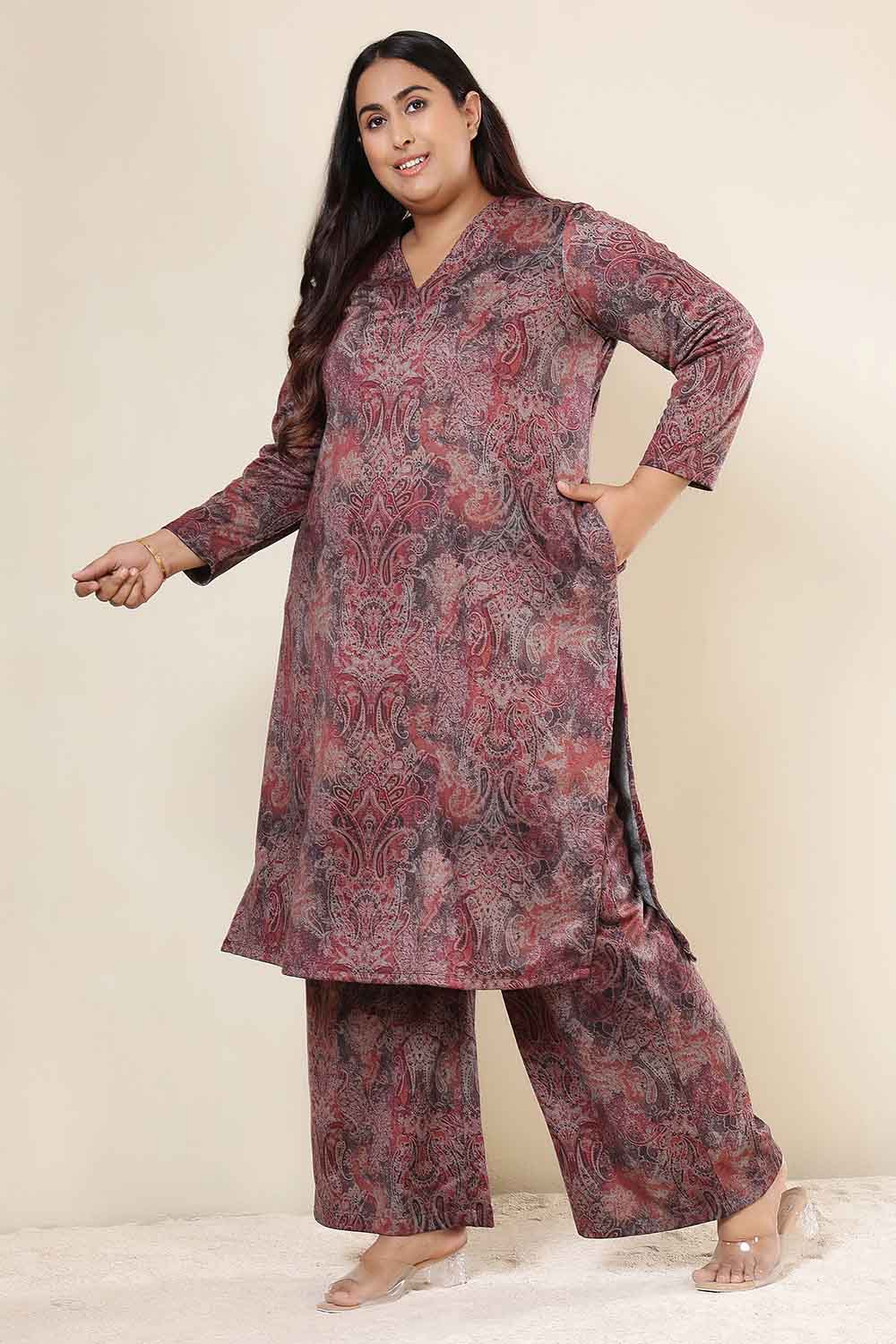 Plus Size Maroon Paisley SnugWeave™ Winter Kurta Coord Set