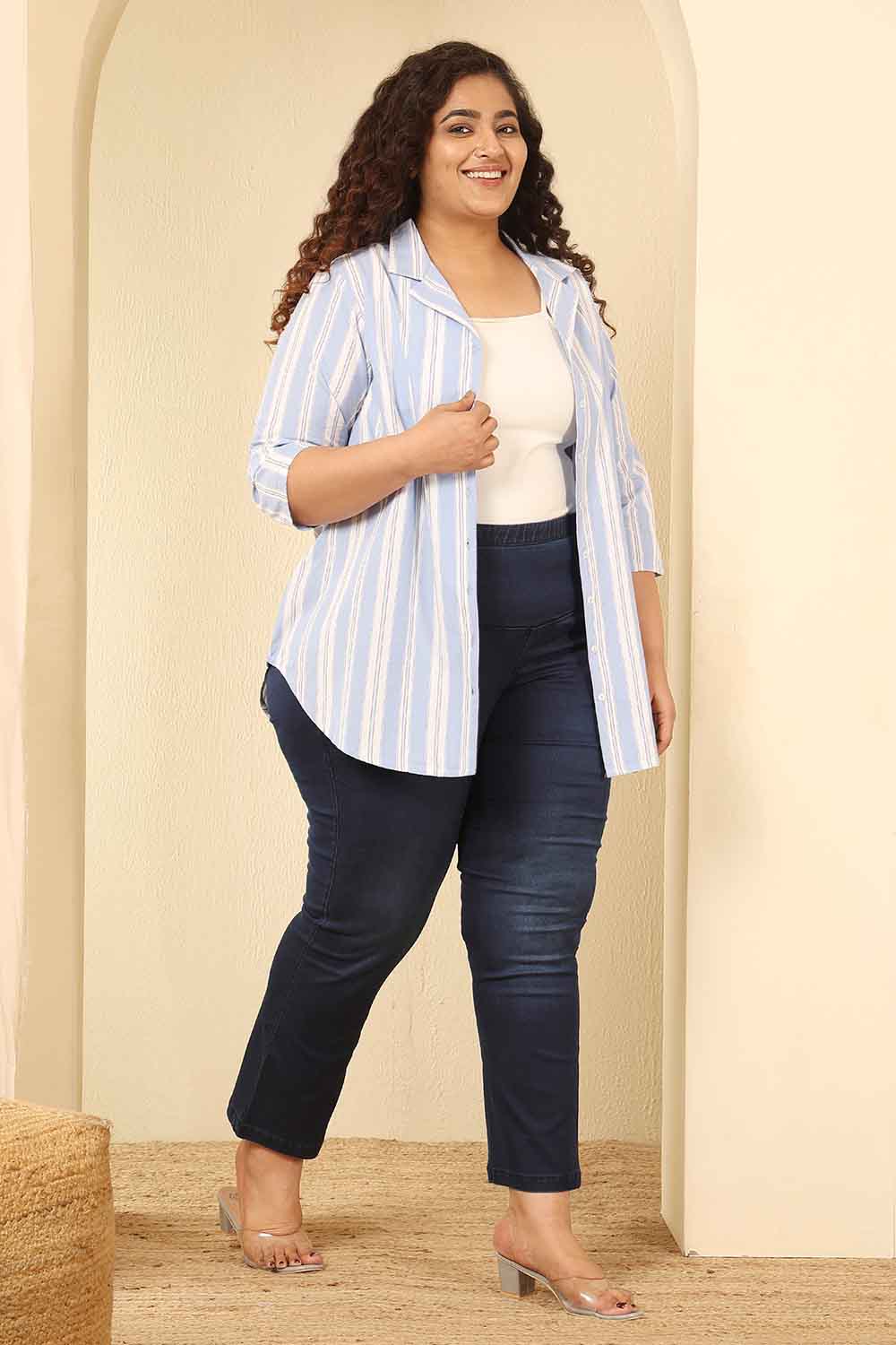 Plus Size Powder Blue Striped Cotton Cuban Collar Shirt