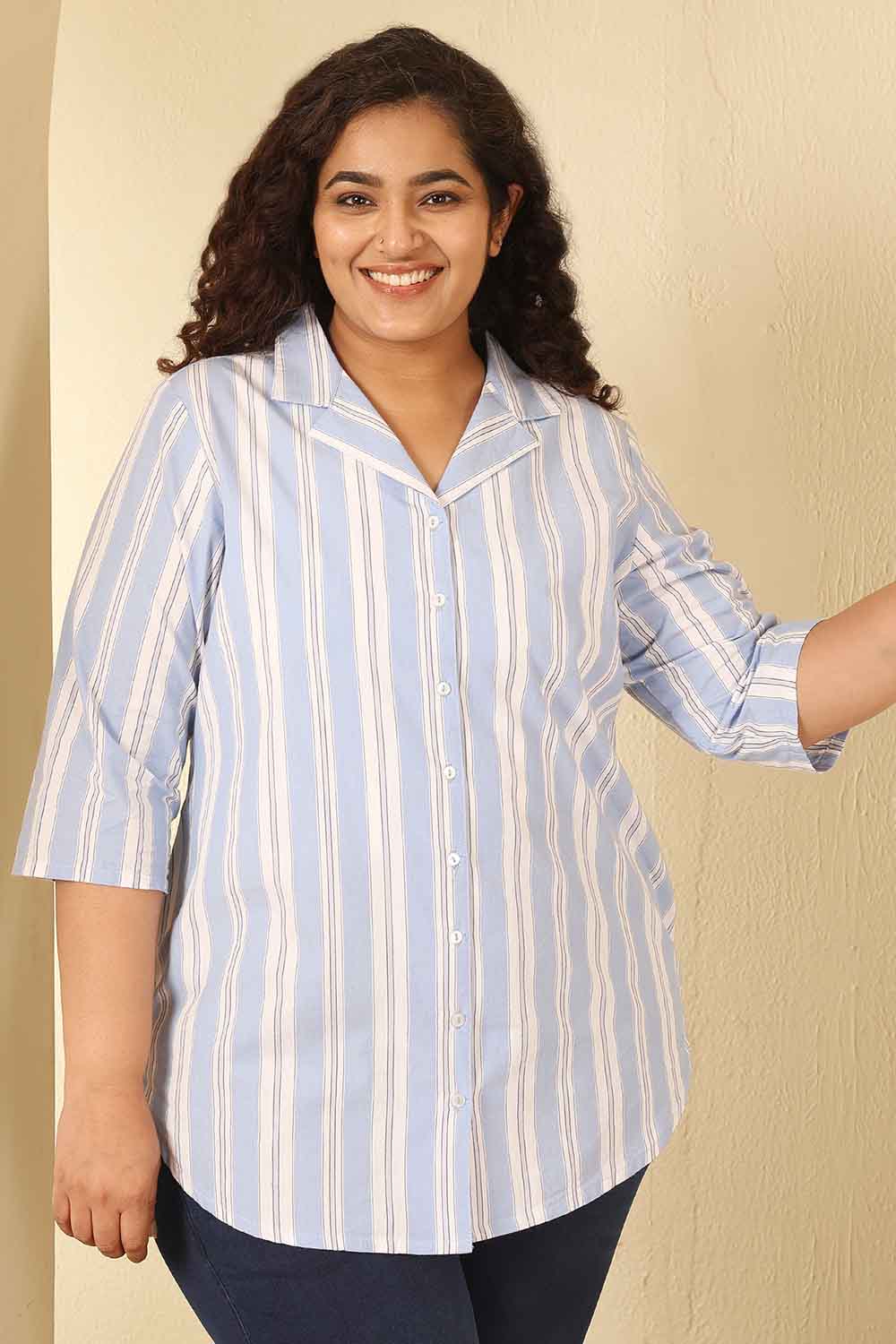 Plus Size Powder Blue Striped Cotton Cuban Collar Shirt for Women