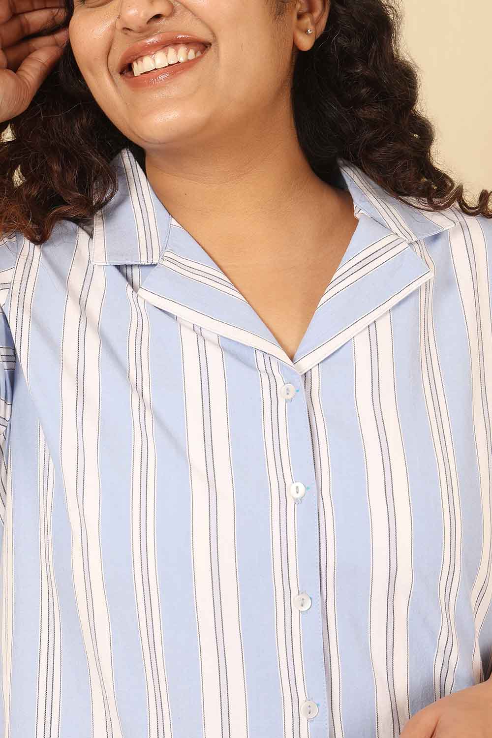 Plus Size Powder Blue Striped Cotton Cuban Collar Shirt