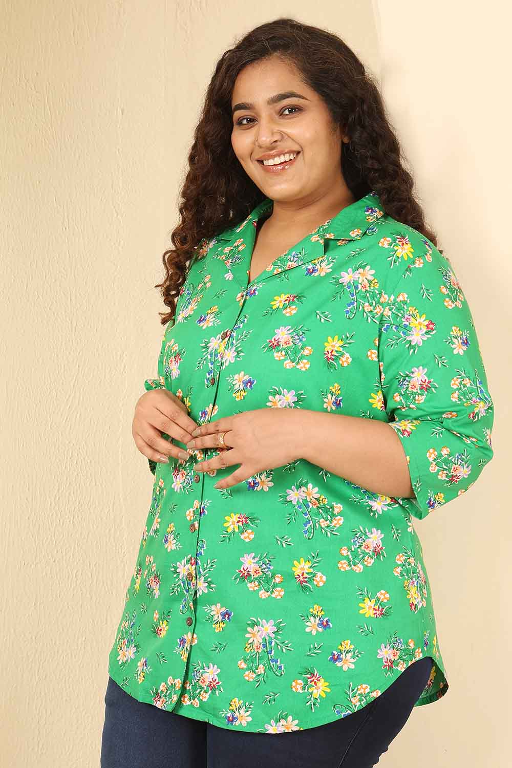Plus Size Green Floral Print Cotton Cuban Collar Shirt