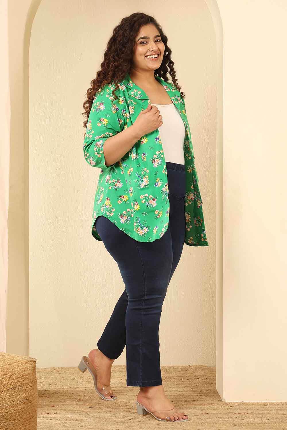 Plus Size Green Floral Print Cotton Cuban Collar Shirt