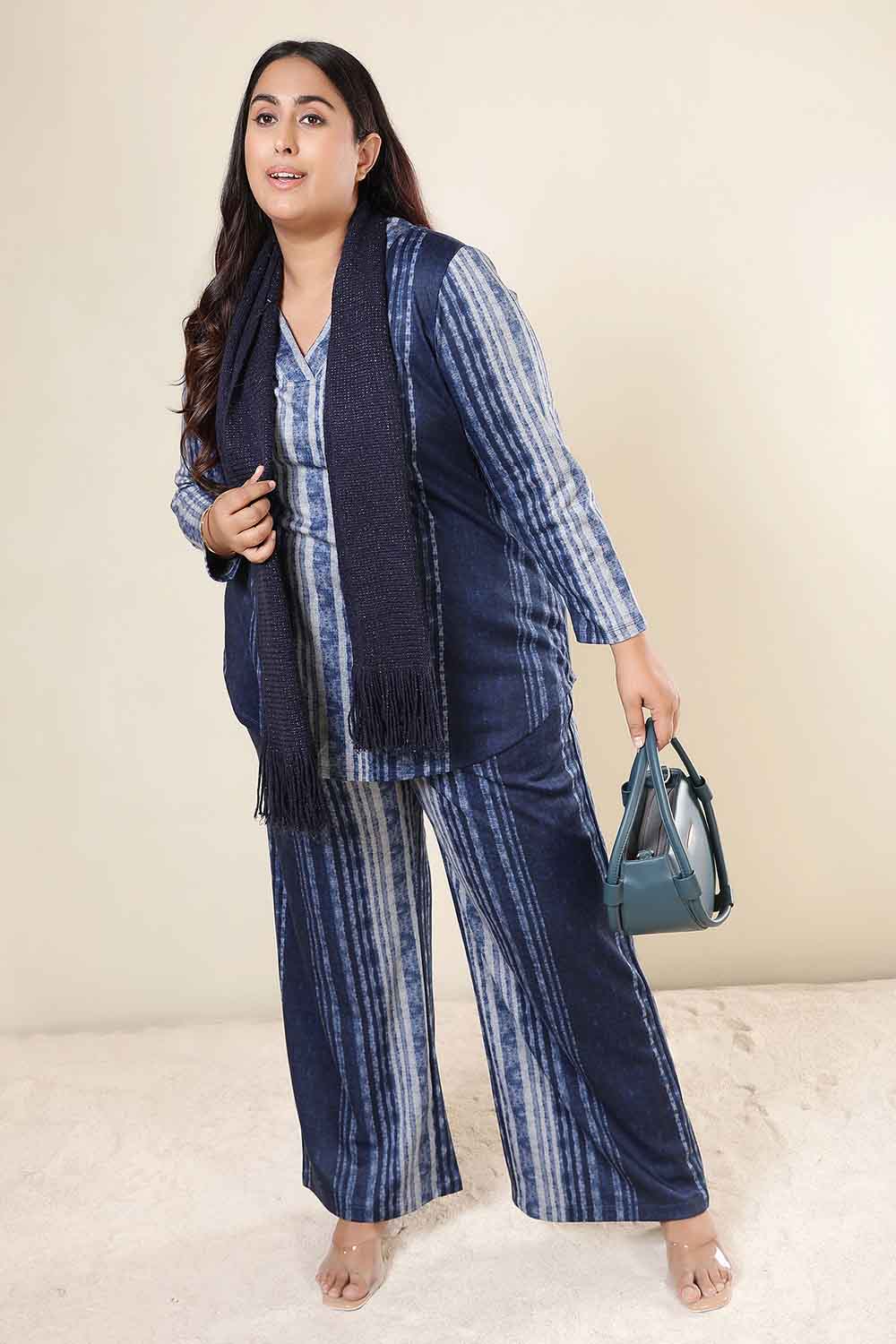 Plus Size Blue Vertical Stripe Top SnugWeave™ Coord Set