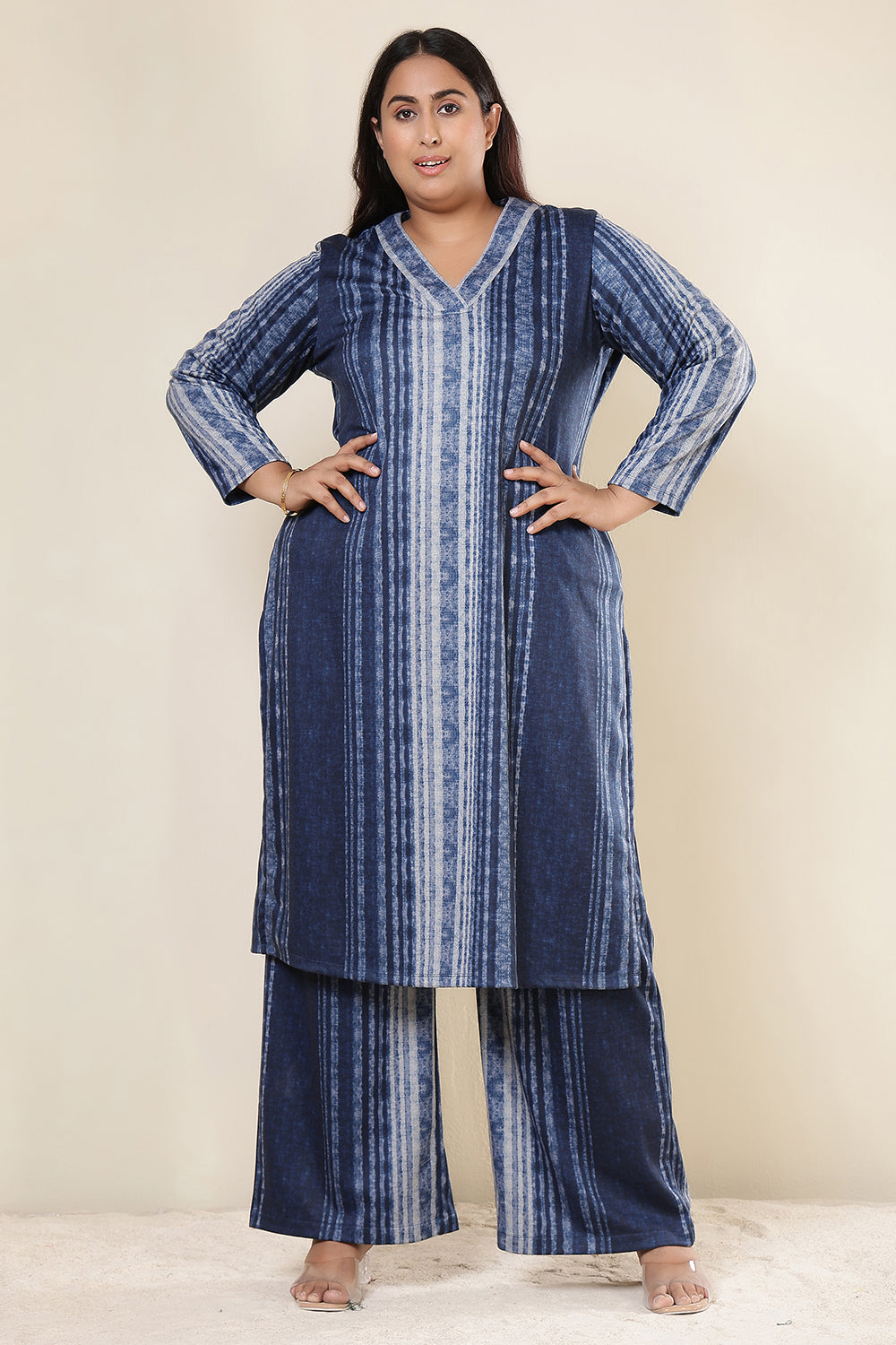 Plus Size Blue Vertical Stripe Kurta SnugWeave™ Coord Set