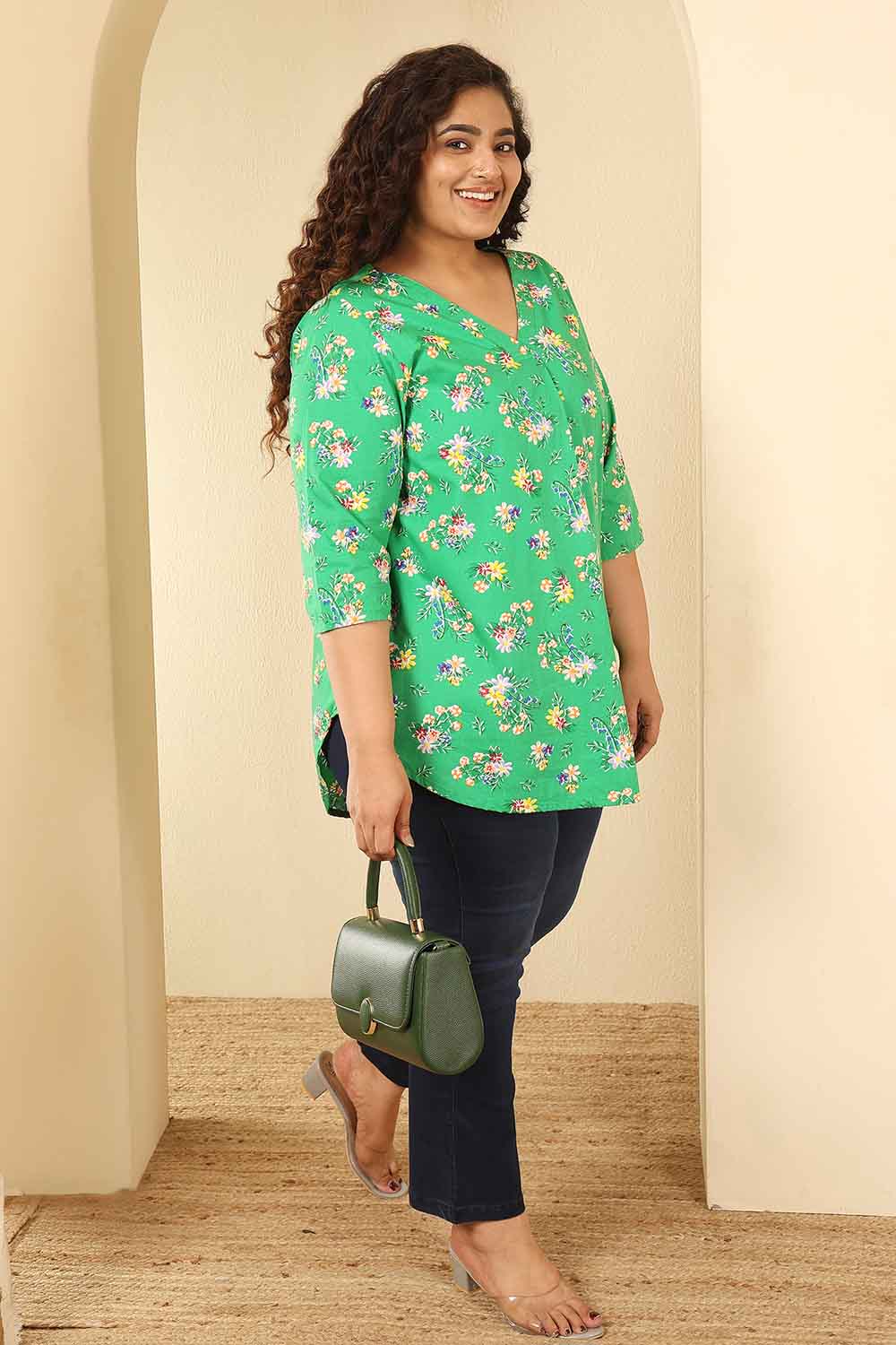 Plus Size Green Floral Print Cotton V Neck Top