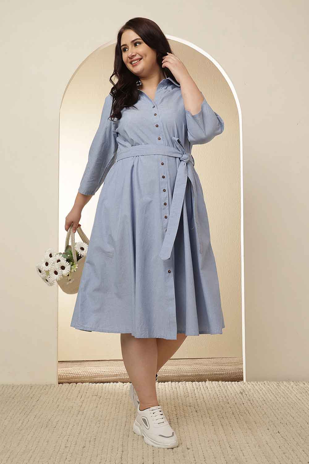 Plus Size Light Blue Cotton Shirt Dress