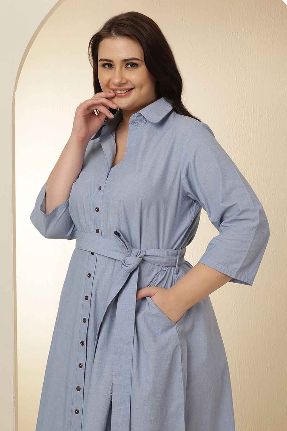 Plus Size Light Blue Cotton Shirt Dress
