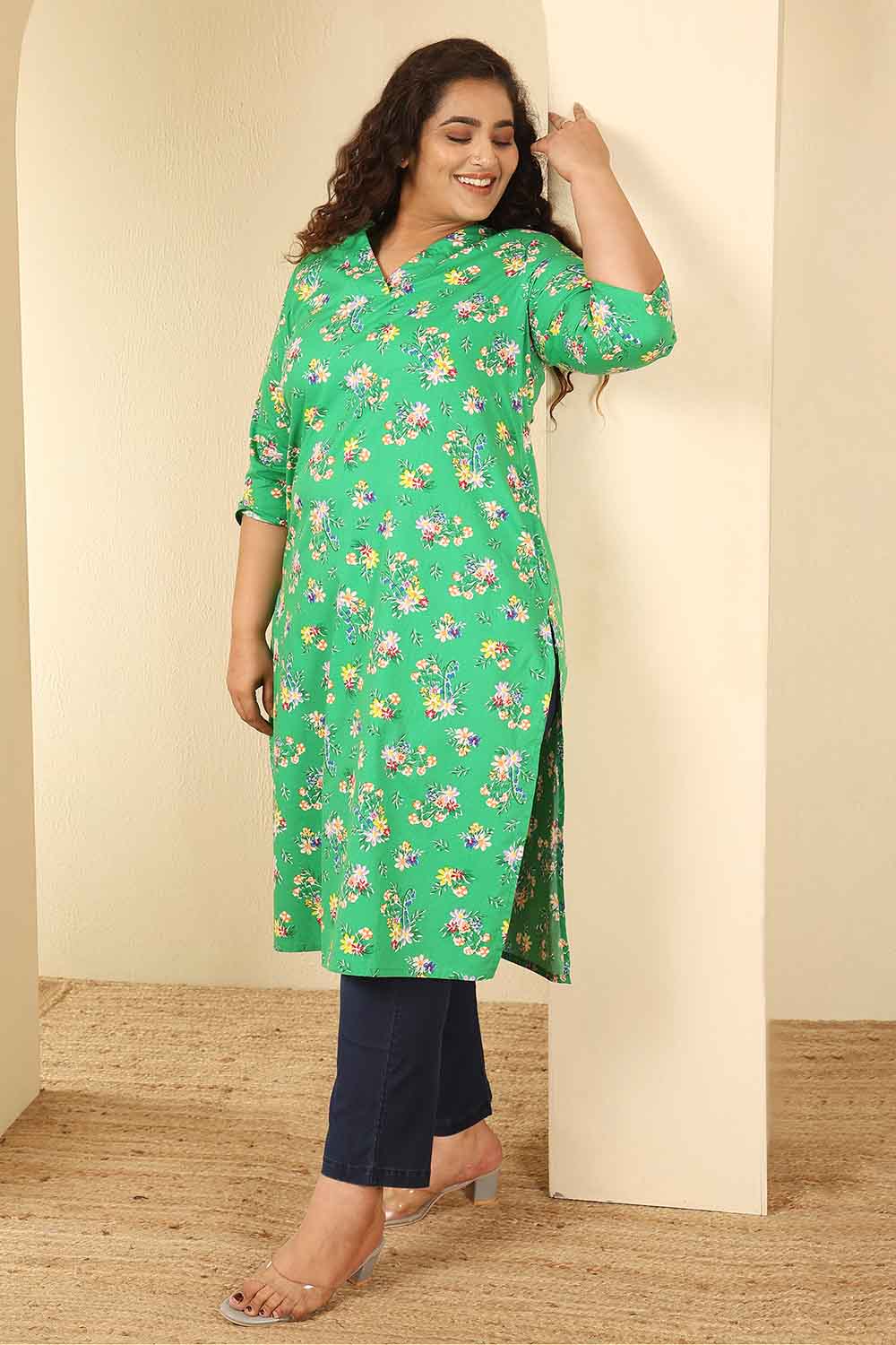 Plus Size Green Floral Print Cotton V Neck Kurta