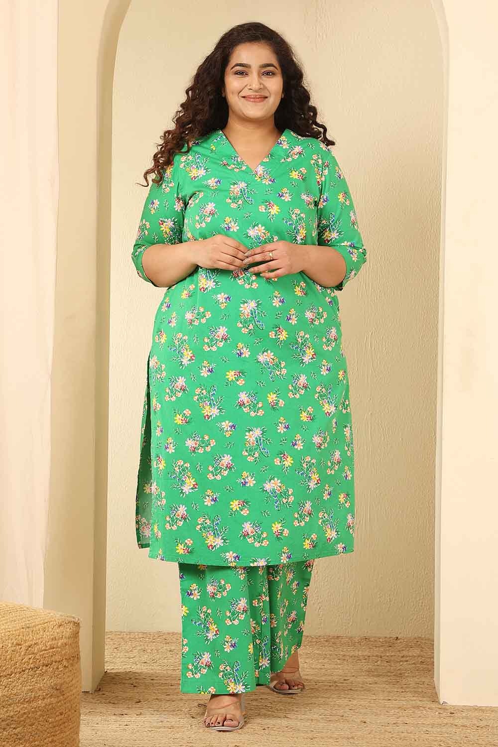 Plus Size Green Floral Print Cotton Kurta Coord Set