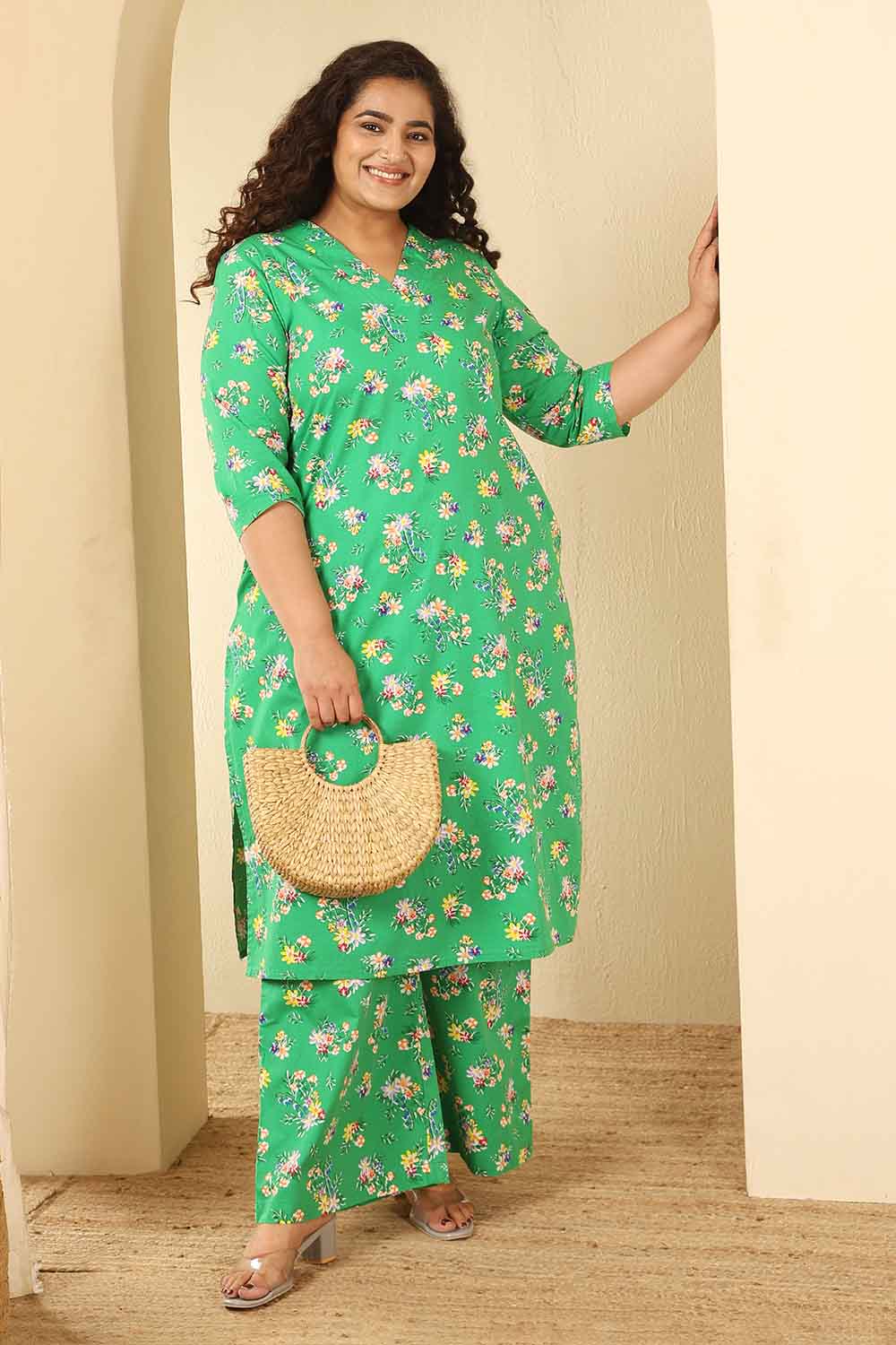 Plus Size Green Floral Print Cotton Kurta Coord Set