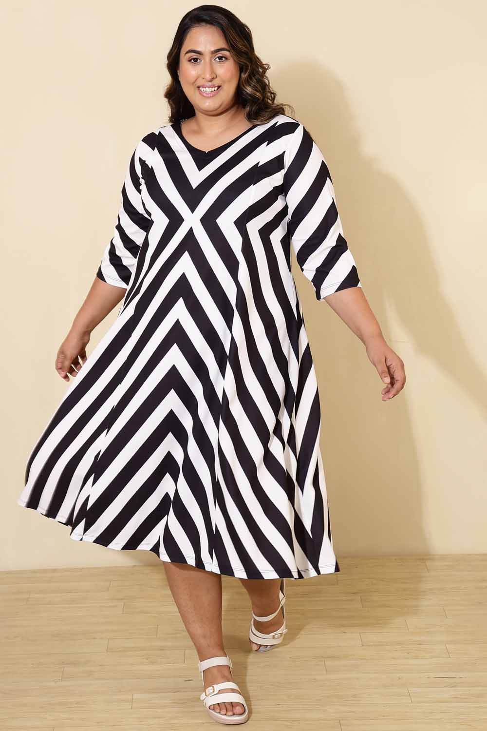 Plus Size Black White Monochromatic A line Dress