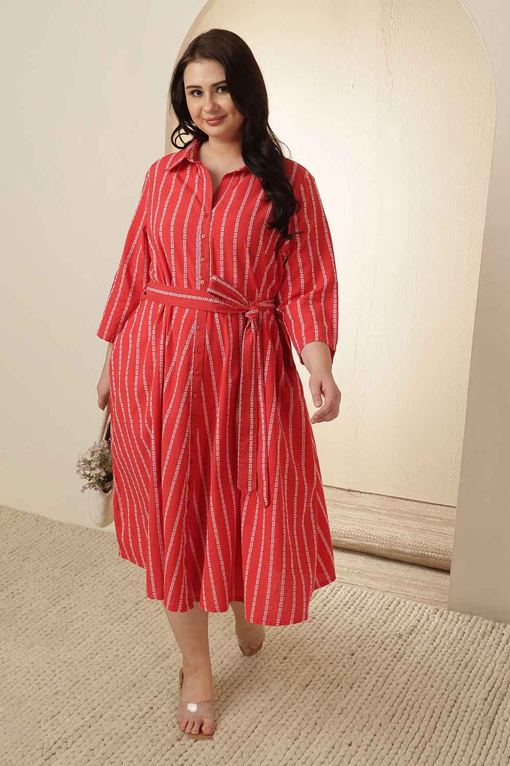 Plus Size Red Stripe Cotton Shirt Dress