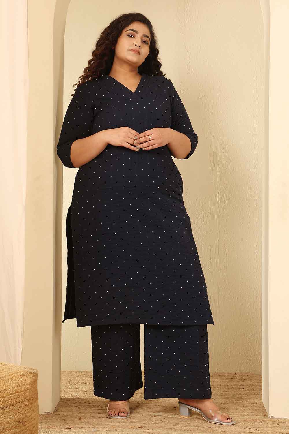 Plus Size Navy Blue Dobby Weave Cotton Kurta Coord Set