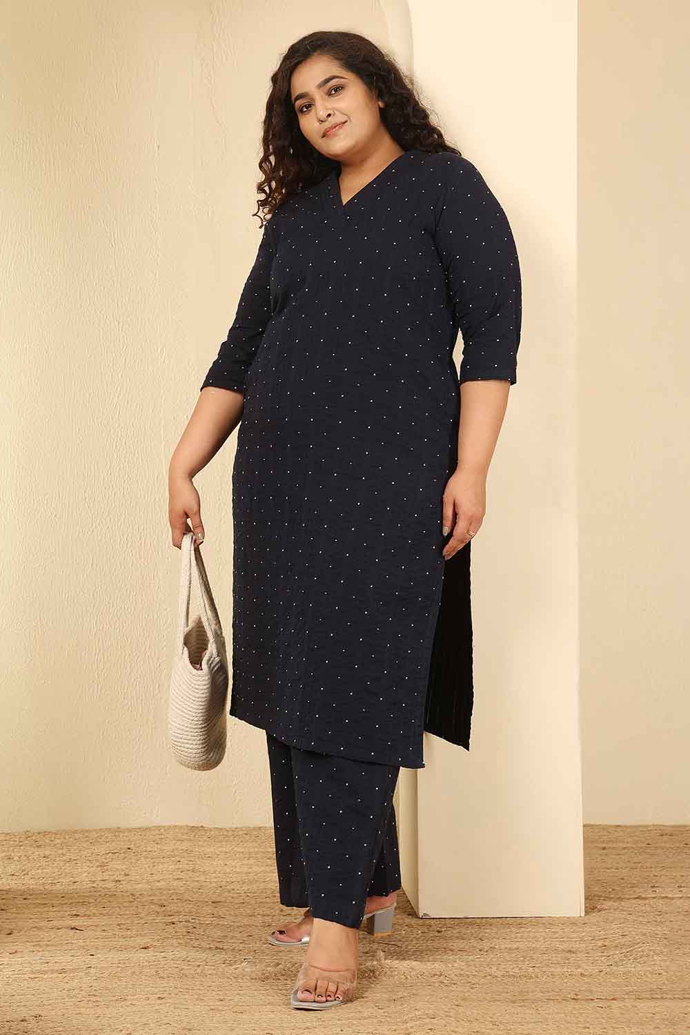 Plus Size Navy Blue Dobby Weave Cotton Kurta Coord Set