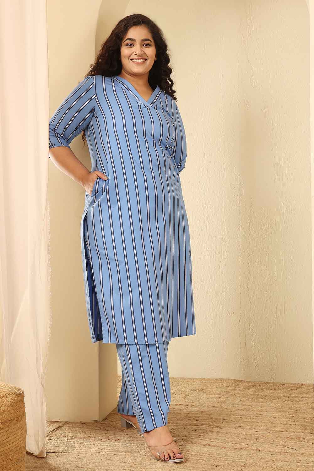 Plus Size Sky Blue Striped Cotton Kurta Coord Set