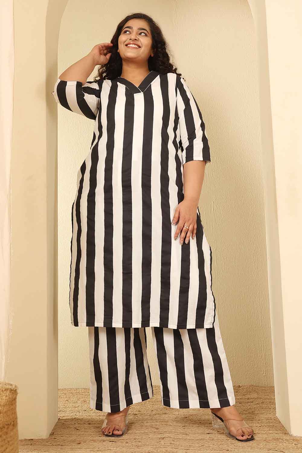 Plus Size Bold Striped Cotton Kurta Coord Set