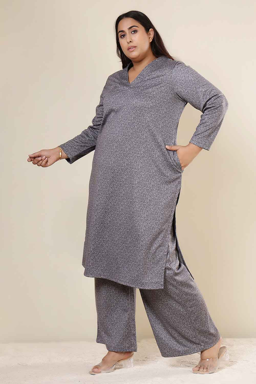Plus Size Grey Melange SnugWeave™ Winter Kurta Coord Set