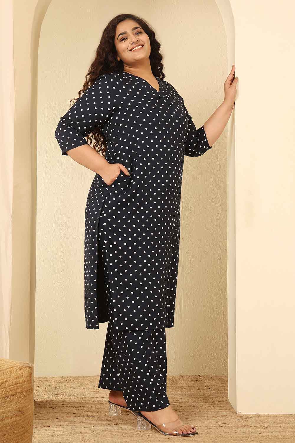 Plus Size Navy Blue Polka Dot Cotton Kurta Coord Set
