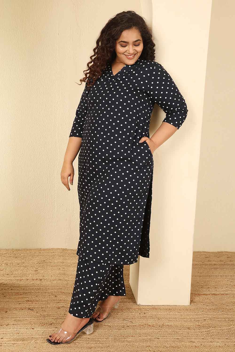 Plus Size Navy Blue Polka Dot Cotton Kurta Coord Set