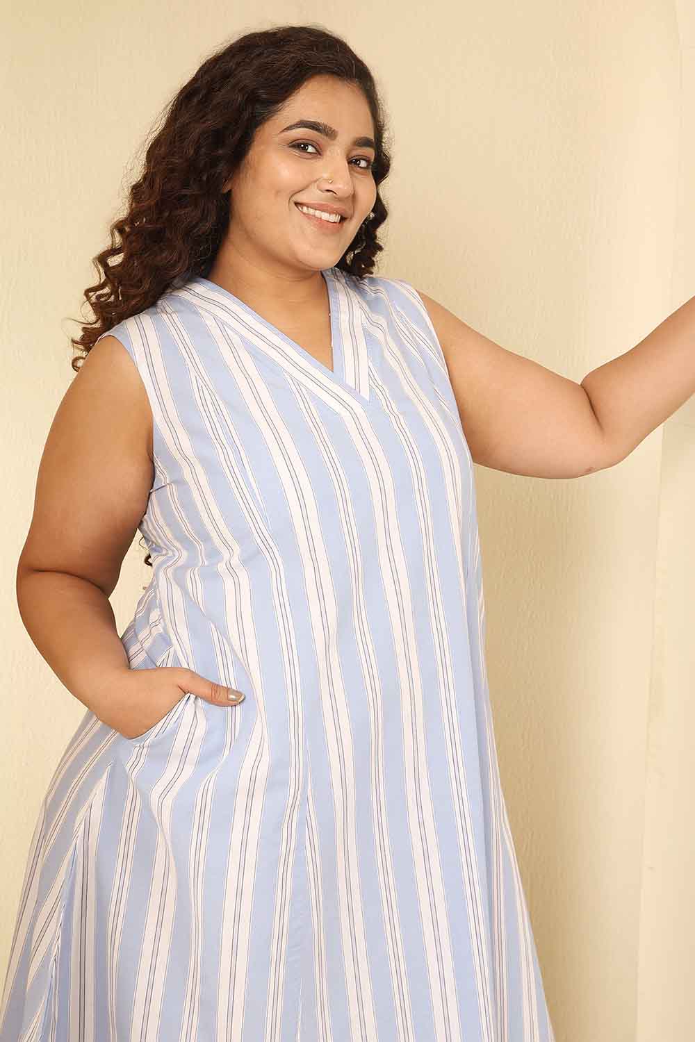 Plus Size Powder Blue Striped Sleeveless Cotton Midi Dress