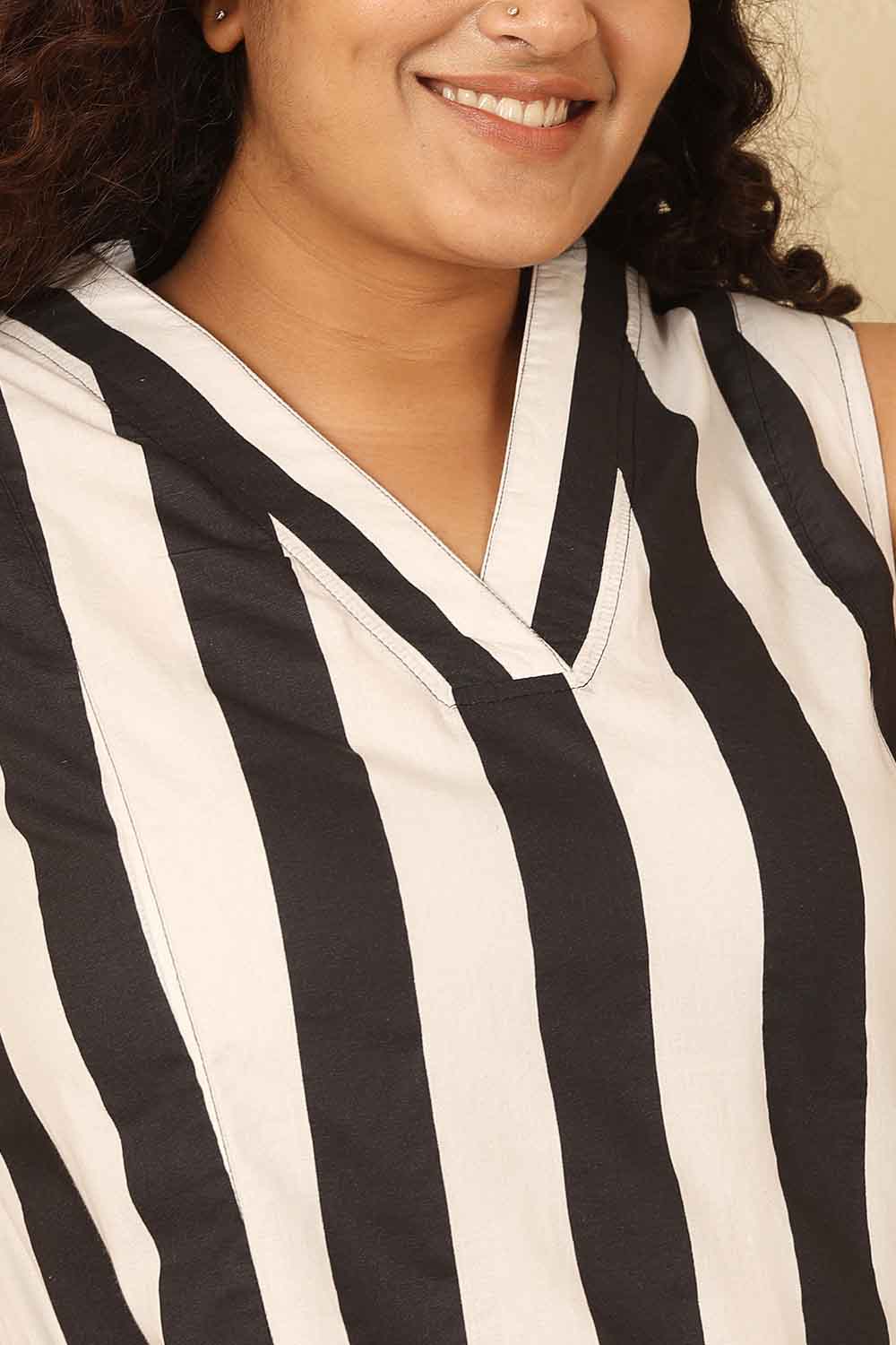 Comfortable Plus Size Bold Striped Sleeveless Cotton Midi Dress