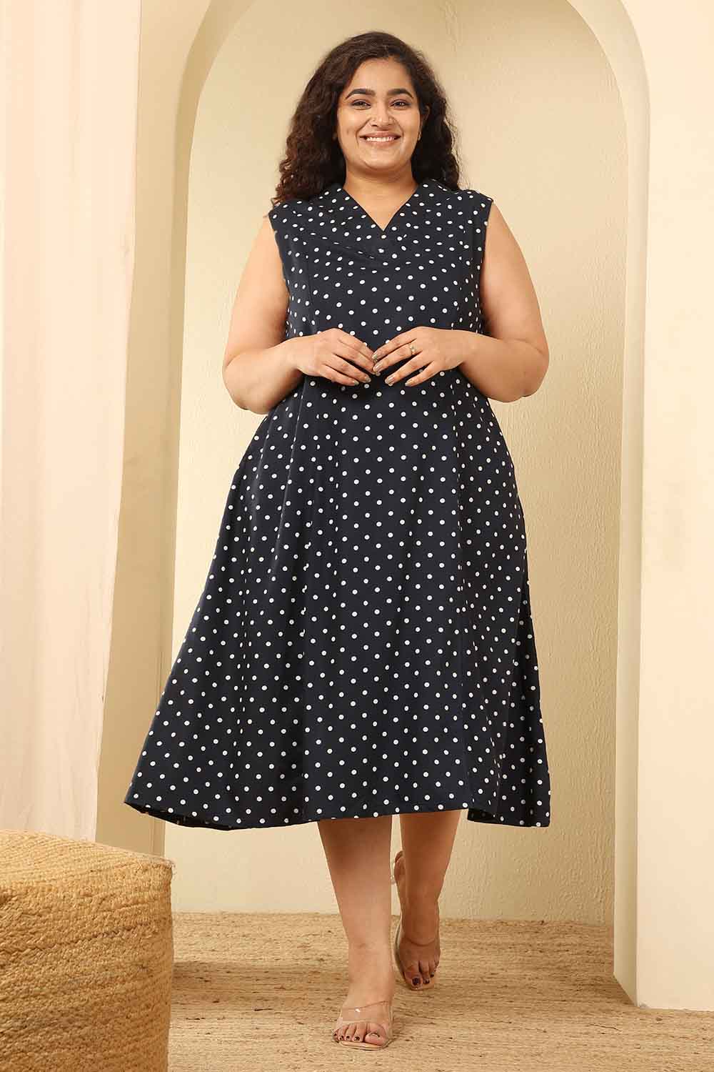Plus Size Navy Blue Polka Dot Sleeveless Cotton Midi Dress