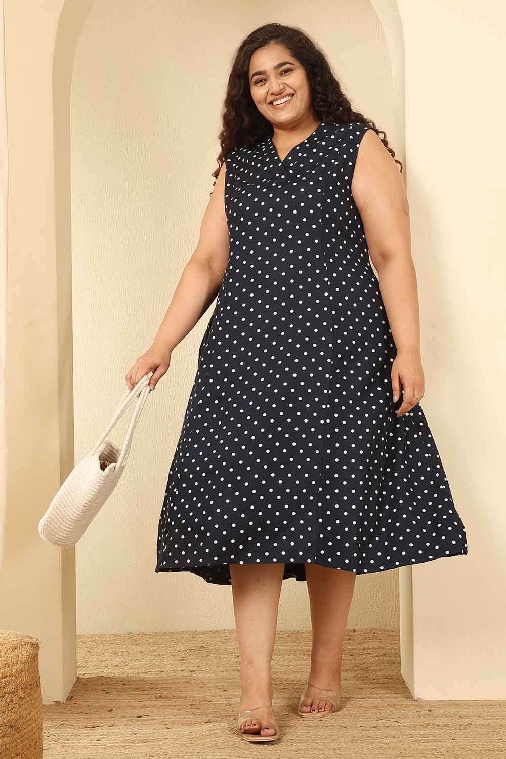 black and blue plus size dress Navy Polka Dot Sleeveless Cotton Midi This plus size notch YGroup_roman 21st Birthday Red Birthday Size:13Y/14Y