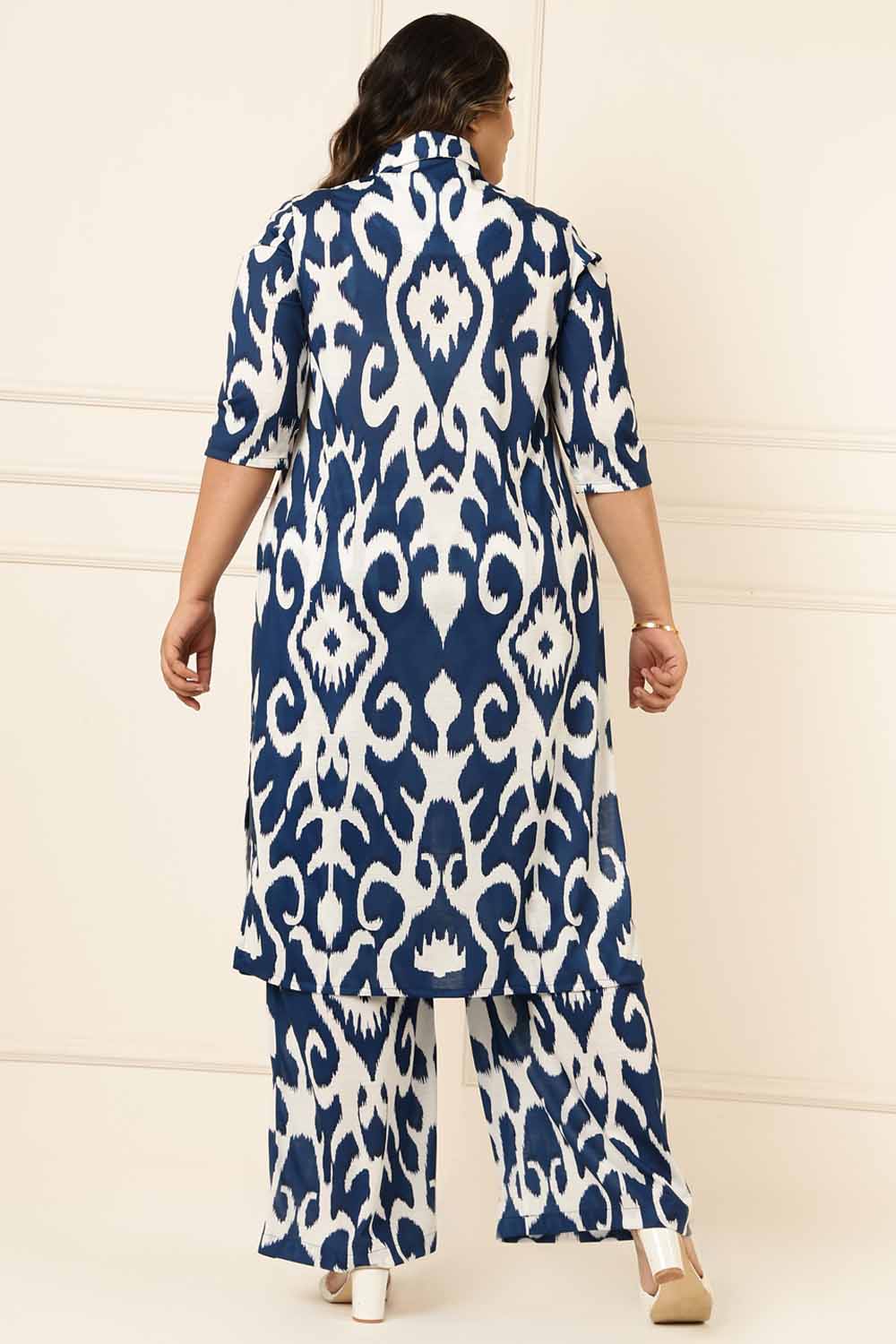Plus Size Blue White Printed Coord Set