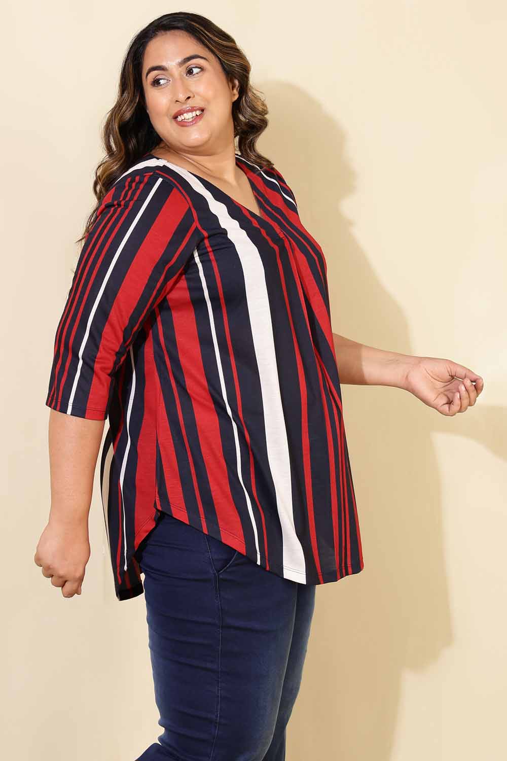 Plus Size Red Blue Striped Centre Pleat Top for Women