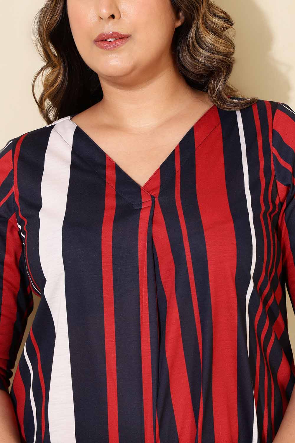 Plus Size Red Blue Striped Centre Pleat Top