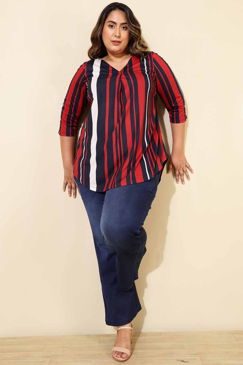 Buy Plus Size Red Blue Striped Centre Pleat Top