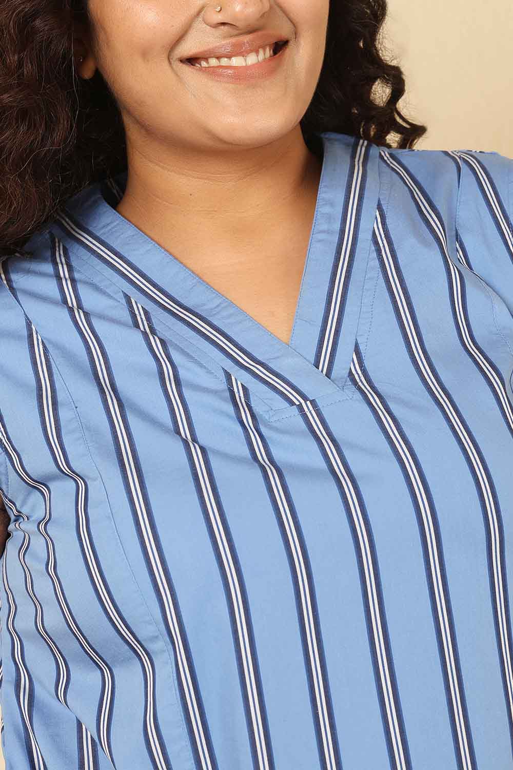 Plus Size Sky Blue Striped Sleeveless Cotton Midi Dress