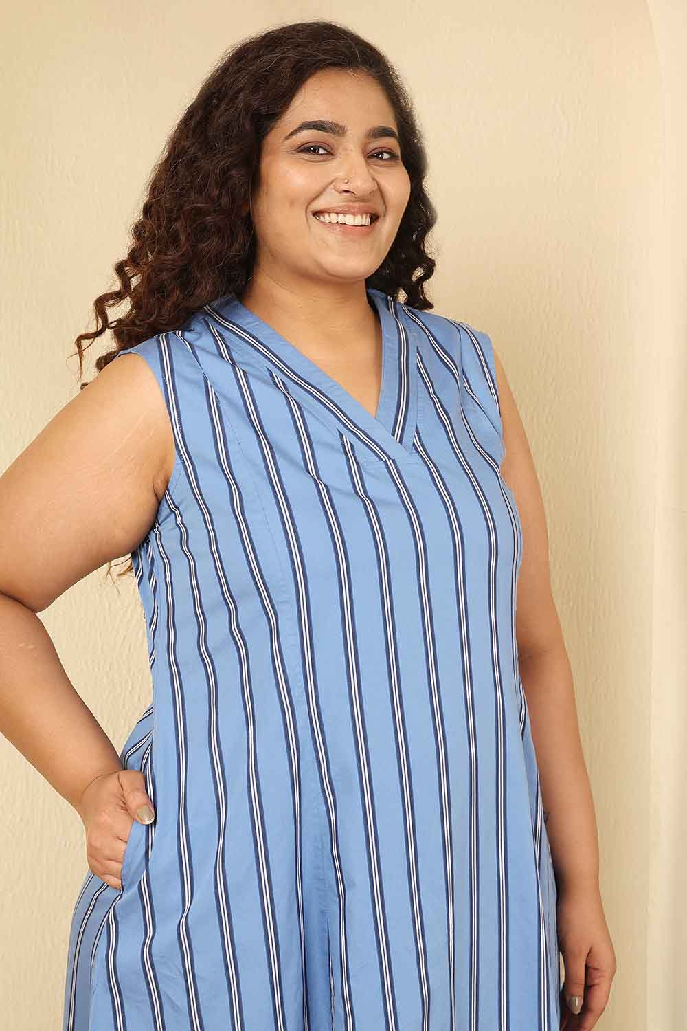 Plus Size Sky Blue Striped Sleeveless Cotton Midi Dress