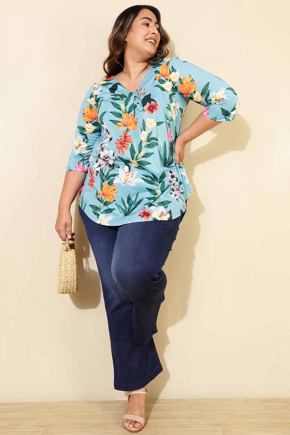 Plus Size Light Blue Floral Centre Pleat Top