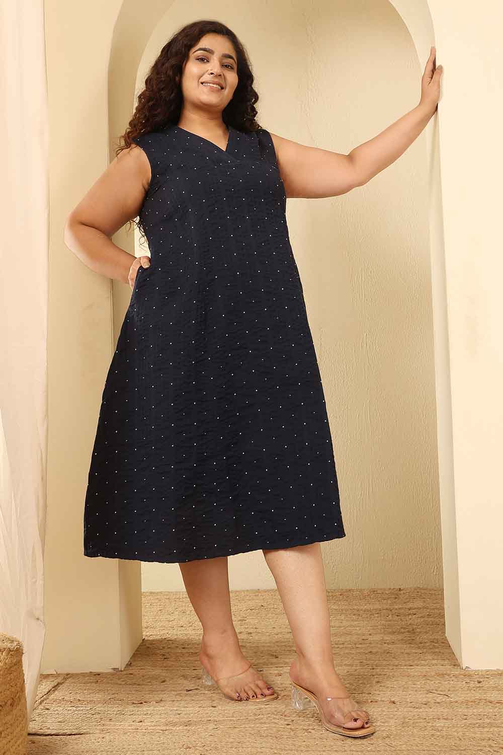 Plus Size Navy Blue Dobby Weave Sleeveless Cotton Midi Dress